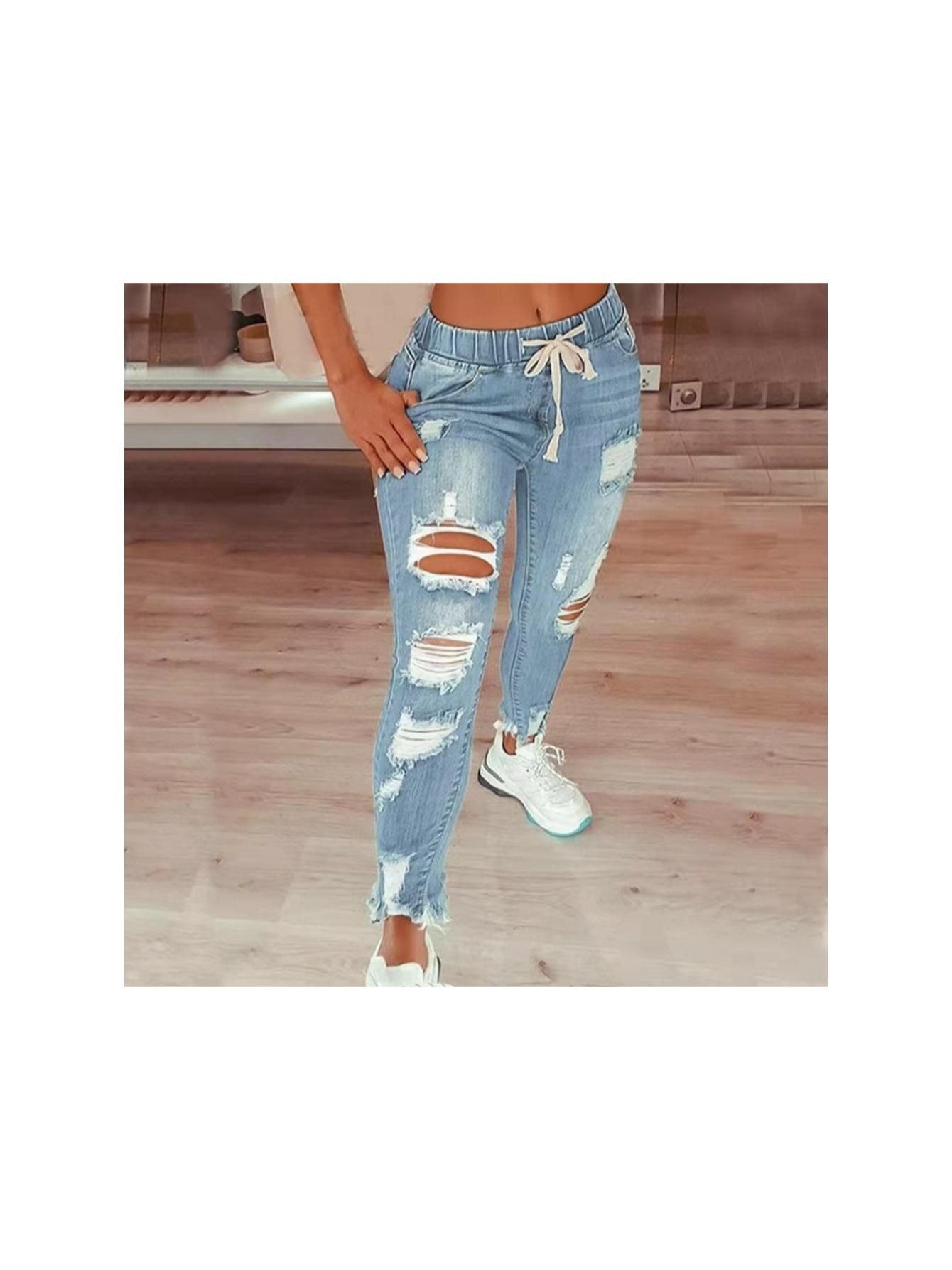 Europe and the United States ladies high waist retro college wind hole feet with elastic waist drawstring long jeans